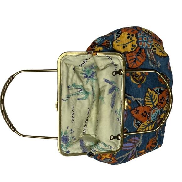 Floral tote Clutch bag purse FLORAL Blue Gold Tone - Picture 5 of 10